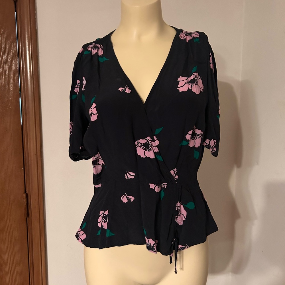 Astr Black and Pink Puff Sleeve Wrap Blouse
